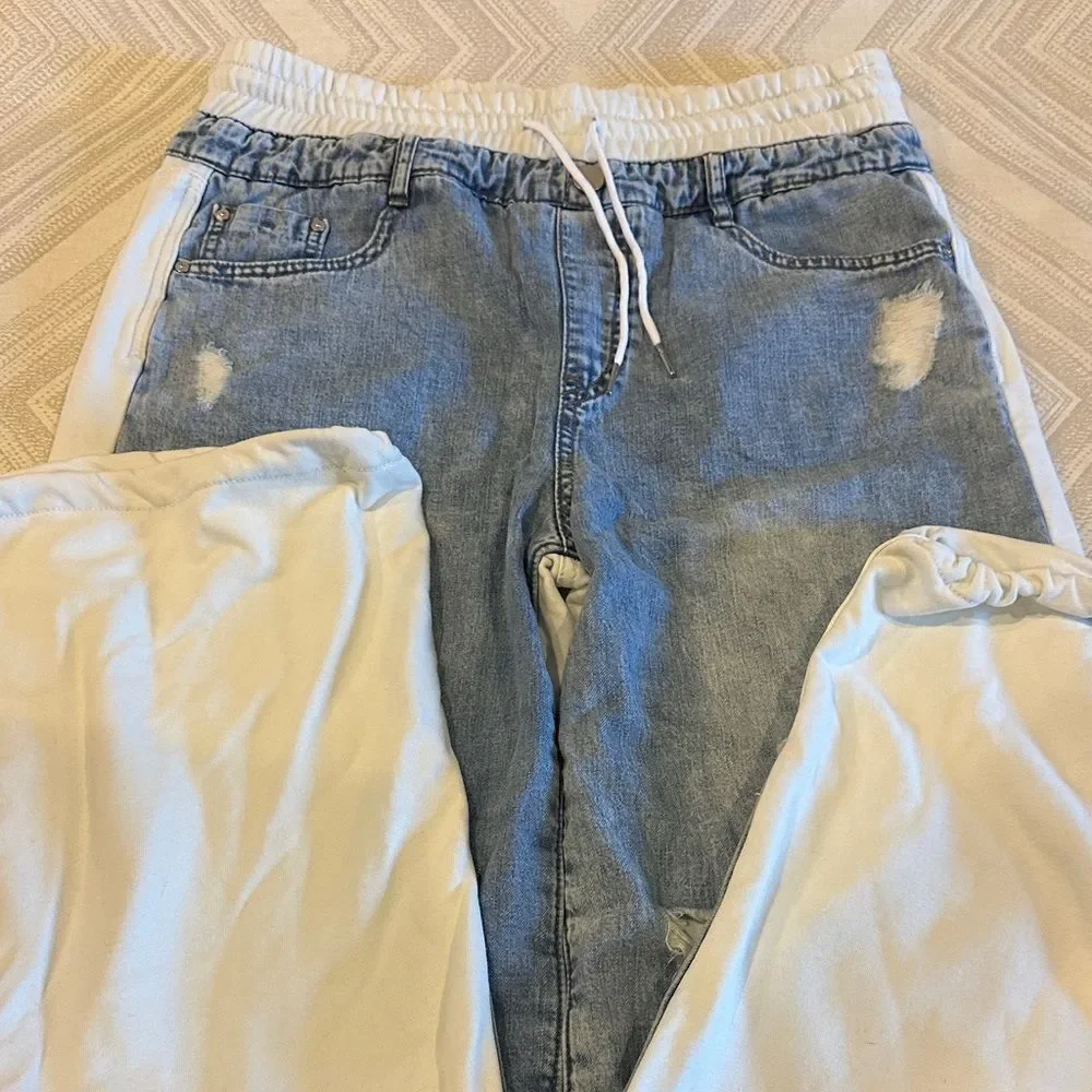Tractr Reconstructed Ripped Denim Front White French Joggers Size M